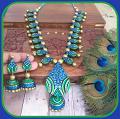 Grand Long Terracotta Haaram and Jhumkas in Peacock Shades of Blue & Green! Grand Long Terracotta Haaram and Jhumkas in Peacock Shades of Blue & Green!