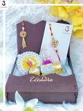 Red Kundan Bhaiya Bhabhi Rakhi Set w/ Roli,Chaval,Chocolate & Card 