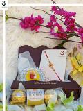 Gift Hamper W/ an Elegant Coral Rakhi & Roli, Chaval, Card, Chocolates Gift Hamper W/ an Elegant Coral Rakhi & Roli, Chaval, Card, Chocolates