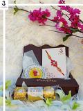 Rose Quartz Rakhi Gift Set with Golden Fringe+Roli, Chaval, Card, Chocolate