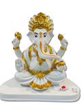White Fiber in Marble Finishing W/Golden Color Ganesh Statue W/Mouse -11.5"