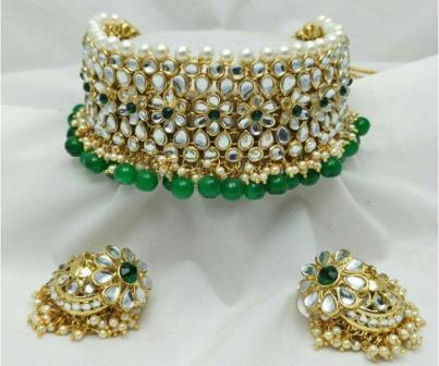Evergreen Traditional Design Kundan & Green Moti Work Necklace W/ Earring