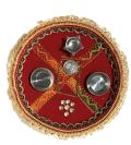 Red Aarti Thali w/ Decorative Orange Cross Design - 9.5"