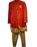 Traditional Indian Sherwani for Men - Red w/ Gold Dots Pattern (S to 3XL)