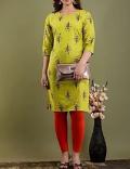 Green Color Orange/Black Print Cotton Kurti S- M-L-XL Tunic #6201674