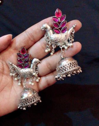 Beautiful Traditional Earring in Oxidized with Pink Stone Beautiful Traditional Earring in Oxidized with Pink Stone