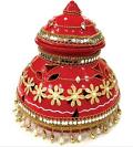 Festive Bright Red Embellished Garbi for Navratri Puja 10"