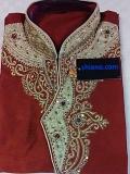 Party wear Men's Red Tussar Kurta w/ Ivory Tussar Pajama (M)