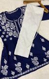Blue Intricate Chikankari Embroidery Soft Cotton Kurti & Bottom Set (S)
