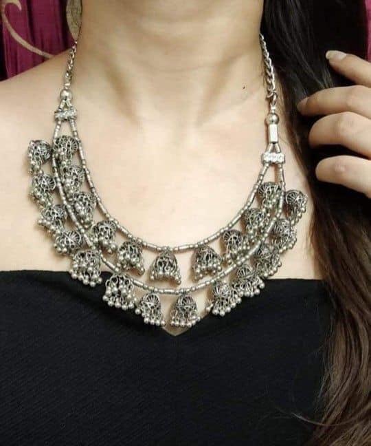 Traditional Style Oxidized Silver Neck-piece of 2 String W/Earring Traditional Style Oxidized Silver Neck-piece of 2 String W/Earring