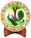 Carved Meenakari Marble Peacock Plate w/ Wooden Stand