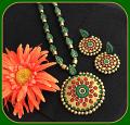 Big Sized Golden Terracotta Pendant w/ Baali Earrings - Gold, Green & Red Big Sized Golden Terracotta Pendant w/ Baali Earrings - Gold, Green & Red