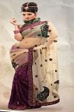 Cream Dark Magenta & Multicolor Designer Net Brasso Saree w/ Blouse