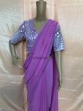 Viscose Georgette Violet Saree with stitched blouse 