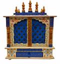 Handcrafted Blue & Gold Wooden Temple W/Door 18" Wide
