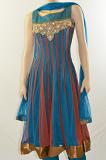 Teal blue & burgundy stripes Net Readymade Salwar Kameez