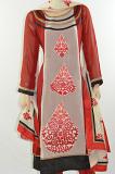 Red & Light Gray Georgette Suit w/ Red Patch w/ Thread Work