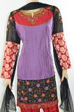 Lavender color cotton silk dress w/ red patch zardosi work