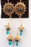 Teal Stone Studded Antique Finish Bell Earrings