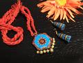 Light Blue and red Terracotta pendant set in a long rope with jhumkas!!!! Light Blue and red Terracotta pendant set in a long rope with jhumkas!!!!