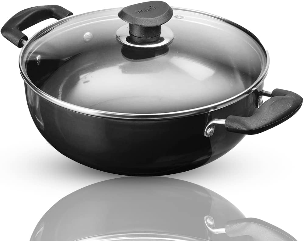 Vinod Cookware Hard Anodised Induction Friendly Kadai With Glass Lid Black 
