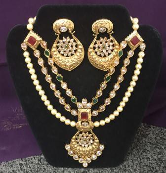 Golden Heavy Traditional 3 String Design Necklace W/ Earring Golden Heavy Traditional 3 String Design Necklace W/ Earring