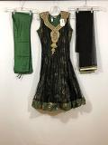Green / Ash Black Net Dress w/ Churidar Pant,Black Net Duppata,Optional Long Sleeves