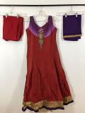 Brick Red Cotton Silk Dress w/ Churidar Pants & Chiffon Duppata