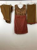 Brick Maroon & Kakhi Brown Chanderi Jaquard Patiala & Chiffon Dupatta, Crape Pants