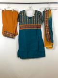 Teal Blue Multi Color Patiala w/ Chiffon Stole & Cotton Mustard Pants