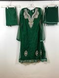 Green Net Suite w/ Satin Churidar Pants & Net Dupatta