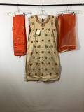 Cream Color Embroidered Suite w/ Orange Color Churidar Pants & Chiffon Duppatta