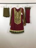 Red & Olive Chanderi Cotton w/ Churidar Pants & Chiffon Dupatta (M)