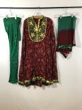 Dark Maroon Bandini Print Dress w/  Satin Churidar Pants & Chiffon Dupatta