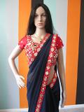 Navy Blue Saree Red Mirror Work Ready Blouse (Festival Discount)