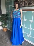 Blue Crepe With Blue and Beige Net Yoke Long Dress (Festival Discount)