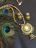 Grand Gold Big Sized Terracotta  Pendant Set w/ Jhumkas in Gold