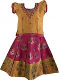 Pink and Yellow Chanderi Pattu Pavada - Available In Two Sizes Pink and Yellow Chanderi Pattu Pavada - Available In Two Sizes