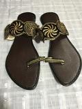 Brown Women Fancy Sandals Slippers w/ Black Gold Design - 10