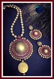 Grand Big Sized Terracotta Pendant Set in Brown & Gold w/ Big Earrings