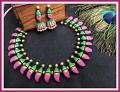 Pink & Green Maanga Terracotta Choker Necklace w/ Jhumkas