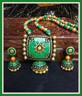 Green & Yellow Sqaured Trracotta Set w/ Long Jhumkas