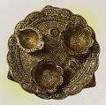 Golden Pooja Plate/Thali w/ Diya and Kumkum Katori & Carving 