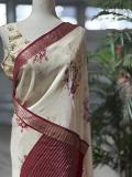 Cream Soft Crape Saree with Elegant Digital Print & Antique Zari Border - I