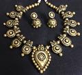 Grand Antique Golden Terracotta Short Haaram w/ Jhumkas