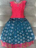 8 to 9 Yrs Blue & Pink Chanderi Silk Pattu Pavada/Langa Blouse/Pattu Dress