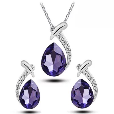 Crystal Diamond Gemstone Earring Necklace Jewelry Set - Purple