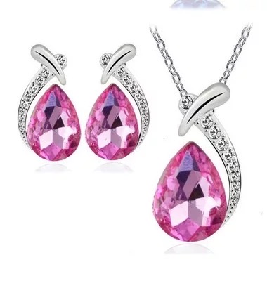Crystal Diamond Gemstone Earring Necklace Jewelry Set - Pink