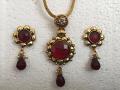 Short Golden Chain & Maroon Pendent Set With Earring