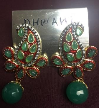 Traditional Green Color Semi Precious Stones & Pearl Earring